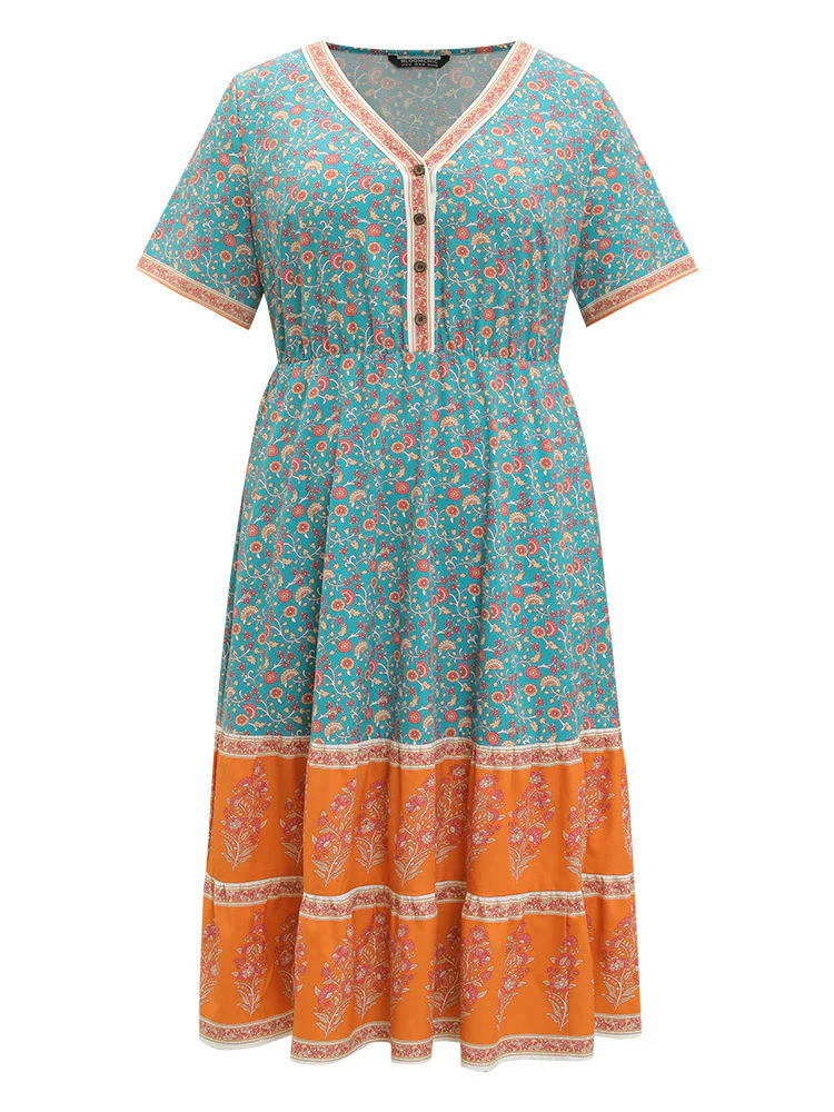 Floral Print Button Detail Elastic Waist Patchwork Dress - Image 12