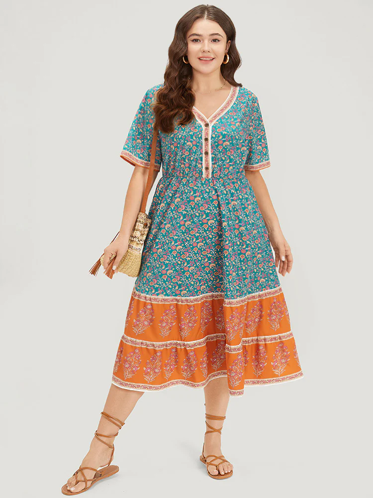Floral Print Button Detail Elastic Waist Patchwork Dress - Image 4