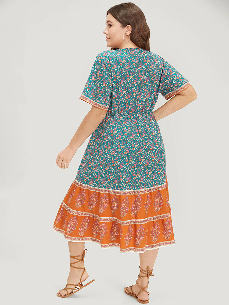 Floral Print Button Detail Elastic Waist Patchwork Dress - Image 5