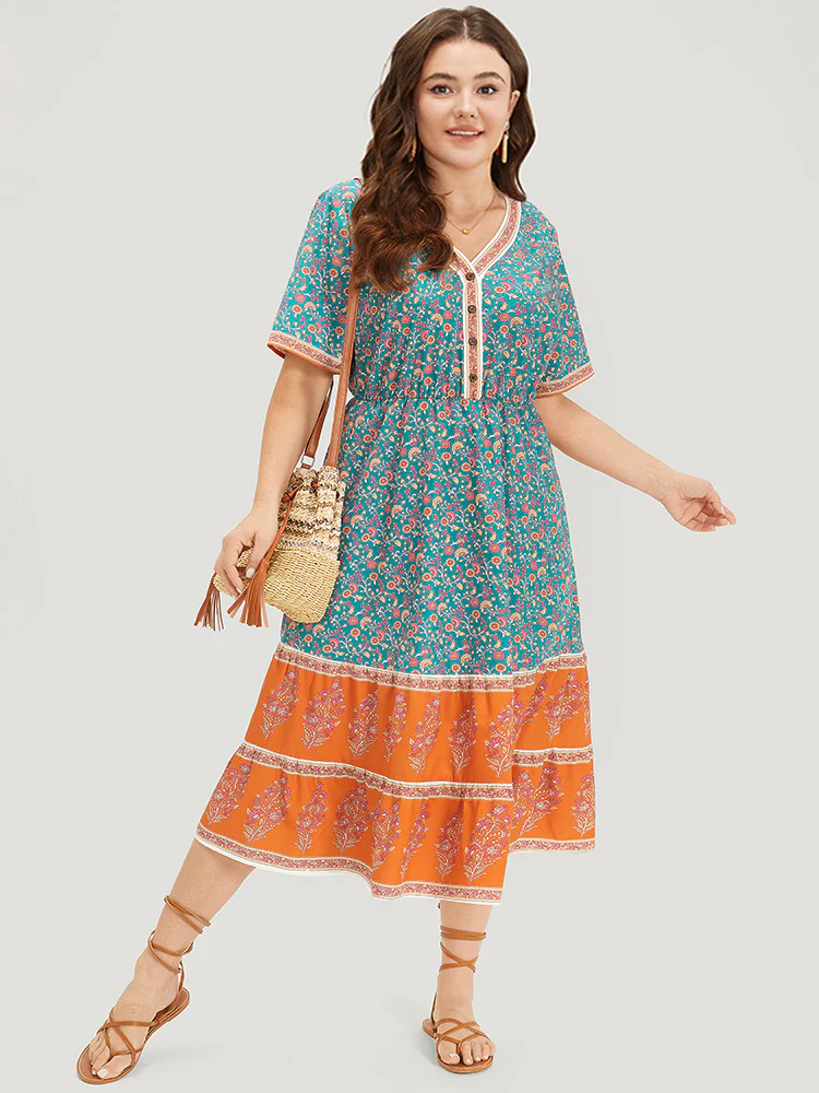 Floral Print Button Detail Elastic Waist Patchwork Dress - Image 6