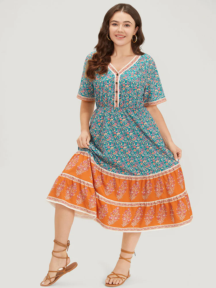Floral Print Button Detail Elastic Waist Patchwork Dress - Image 7