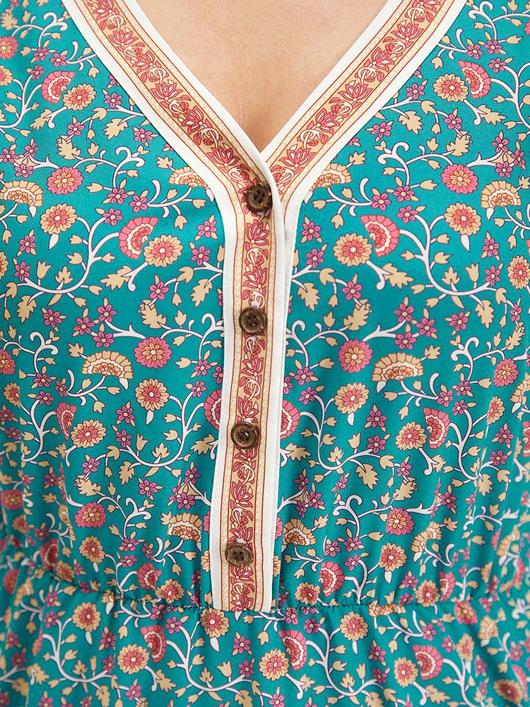 Floral Print Button Detail Elastic Waist Patchwork Dress - Image 8