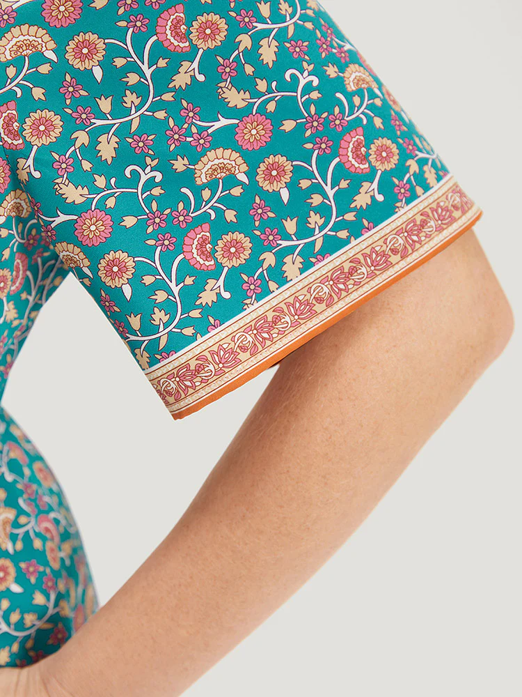 Floral Print Button Detail Elastic Waist Patchwork Dress - Image 9
