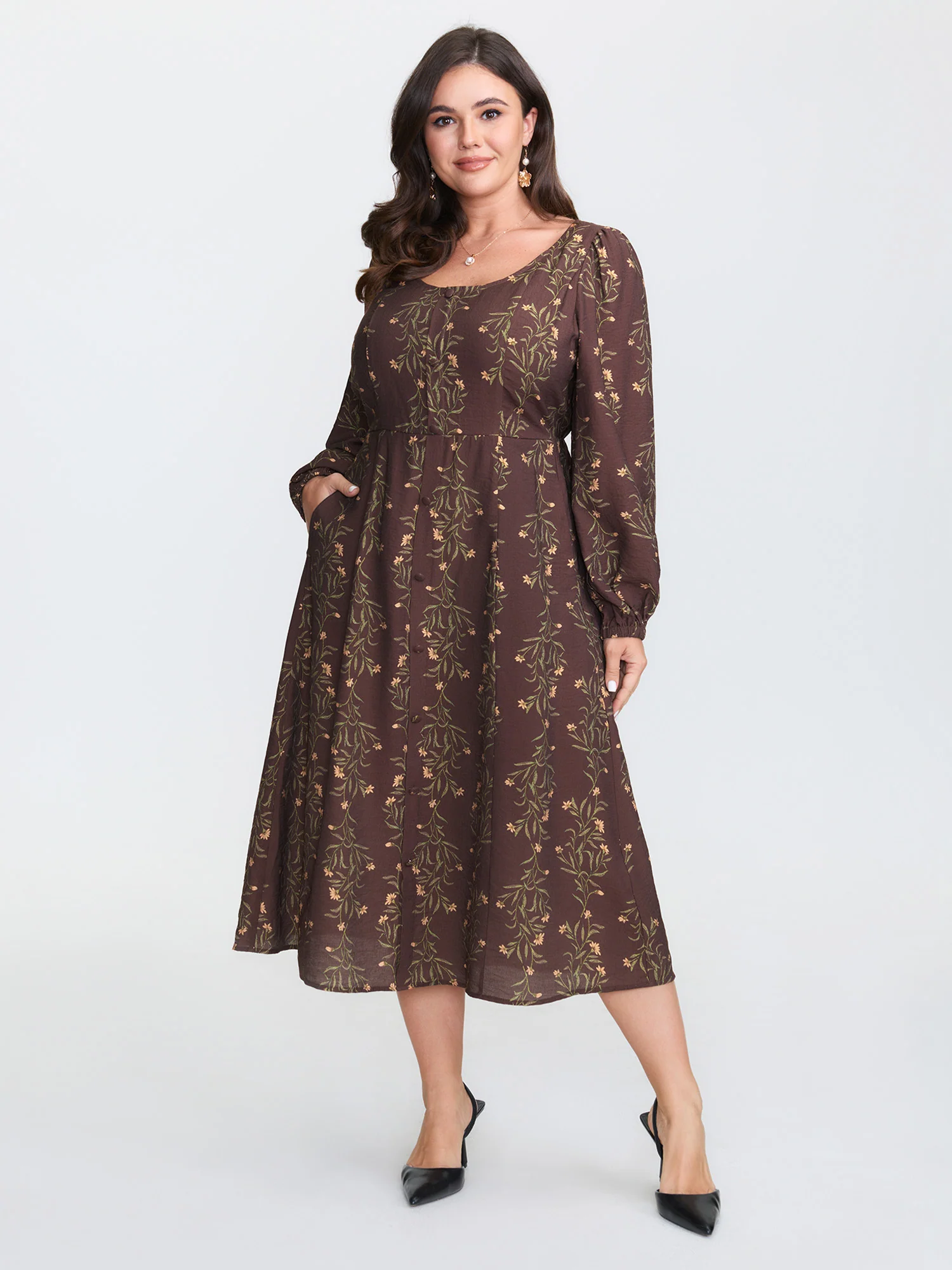 Floral Print Button Detail Round Neck Midi Dress - Image 2