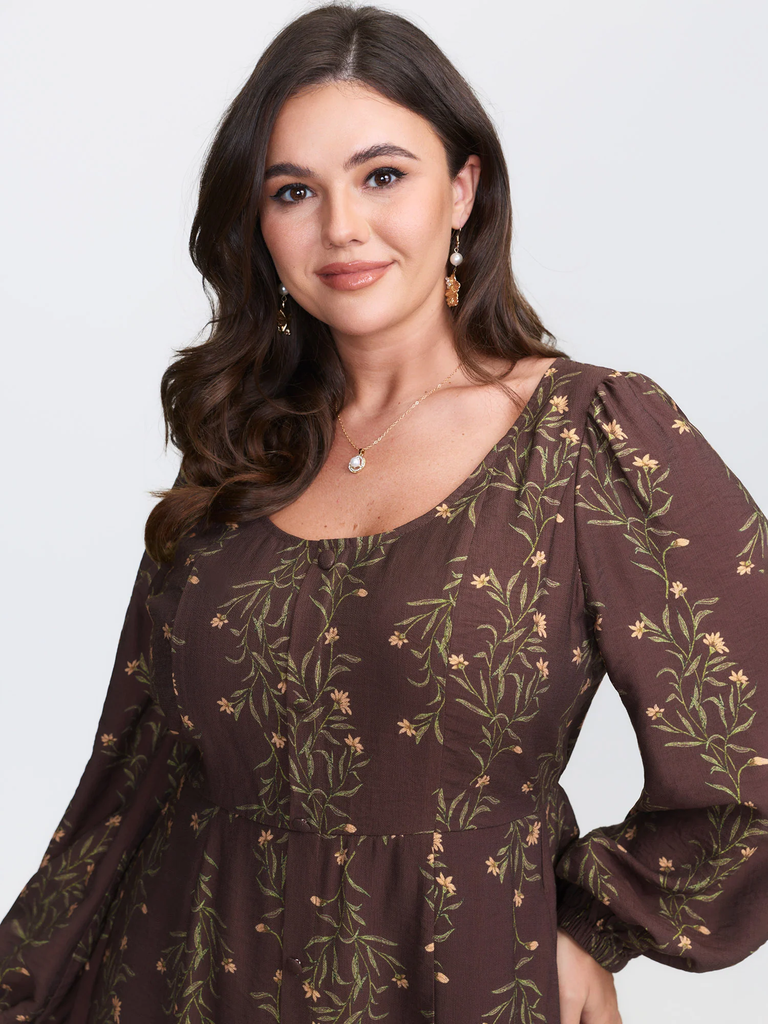 Floral Print Button Detail Round Neck Midi Dress - Image 3