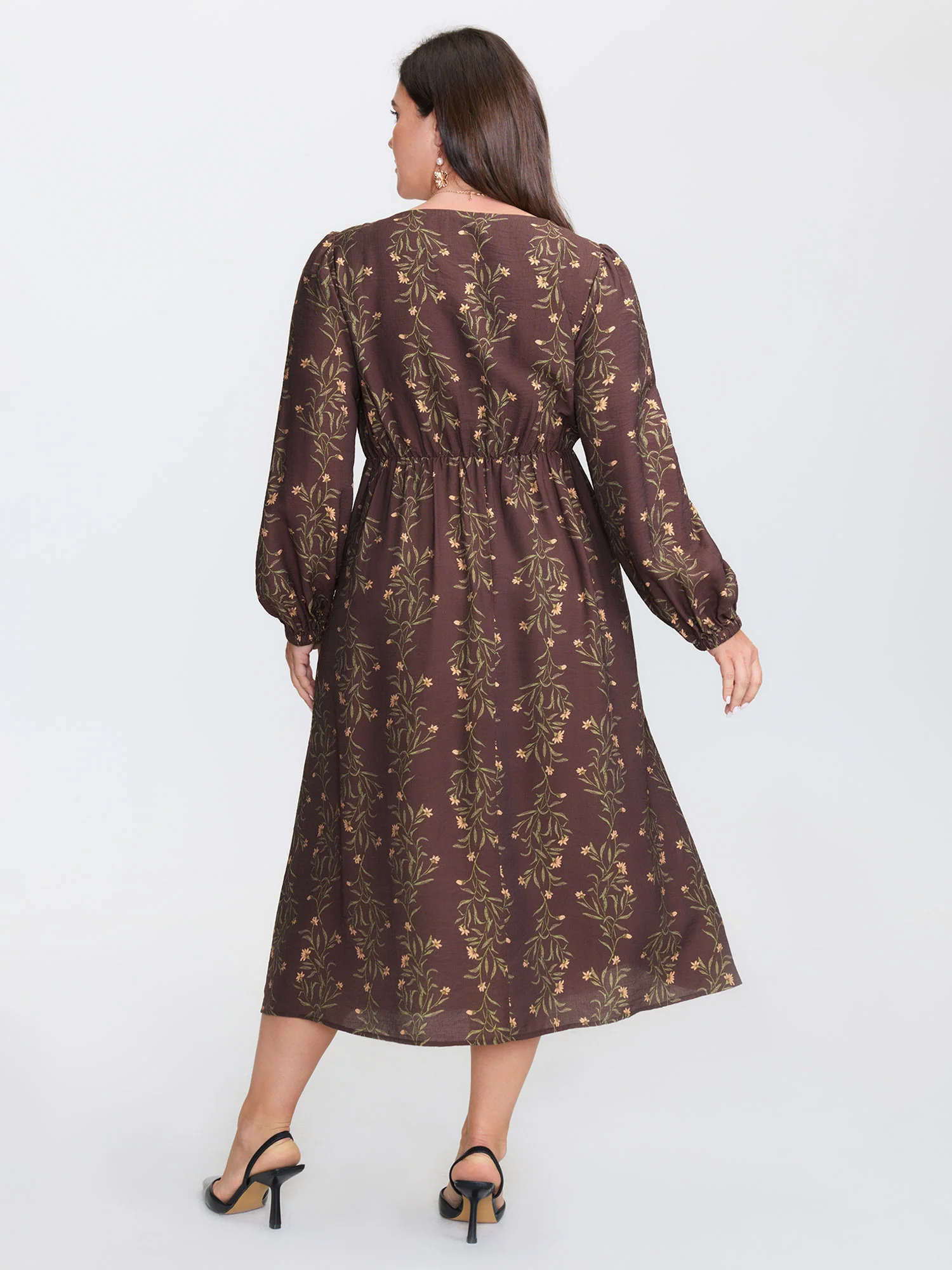 Floral Print Button Detail Round Neck Midi Dress - Image 4