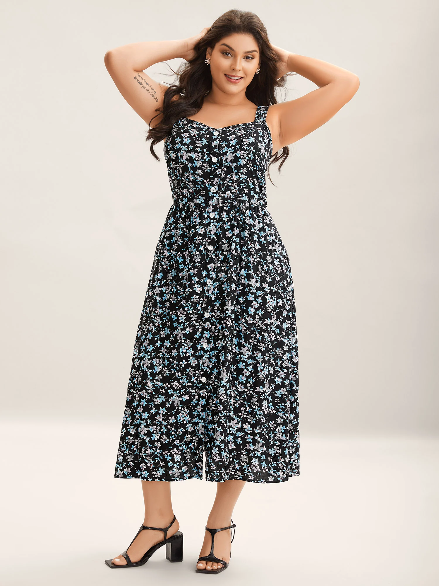 Floral Print Button Detail Sleeveless Pockets Midi Dress - Image 3