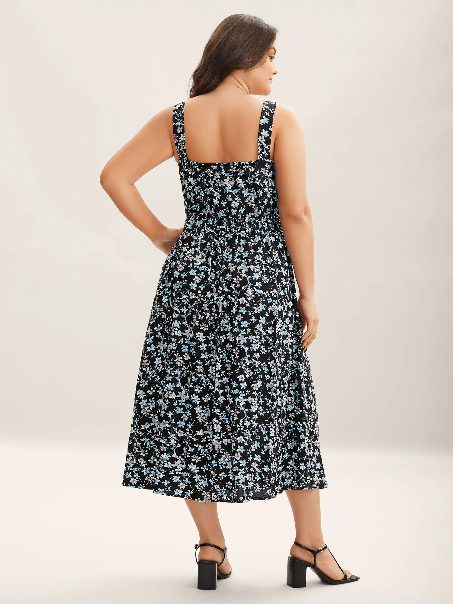 Floral Print Button Detail Sleeveless Pockets Midi Dress - Image 4
