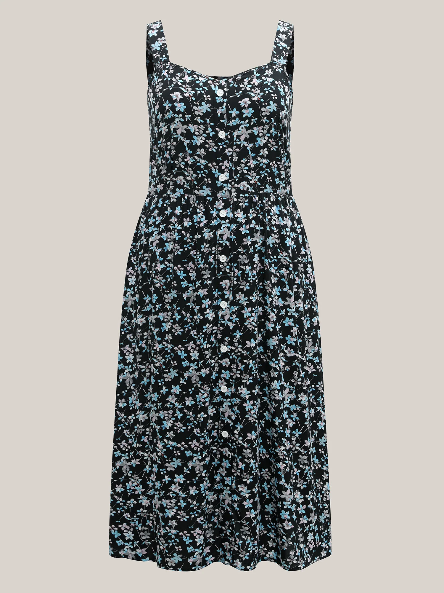 Floral Print Button Detail Sleeveless Pockets Midi Dress - Image 5