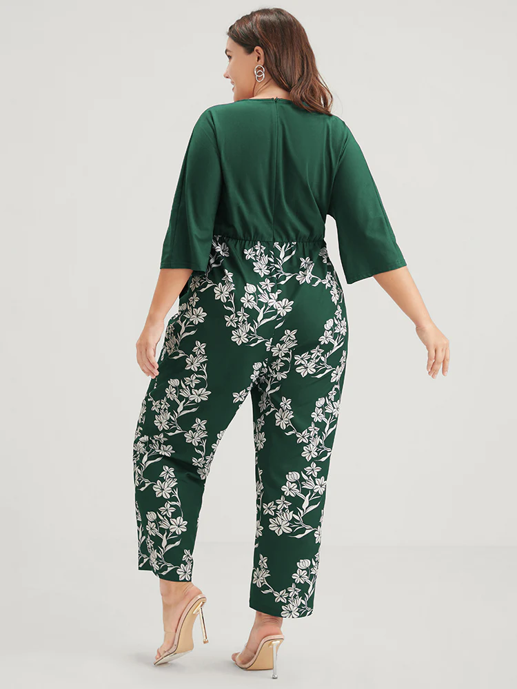 Floral Print Button  Dolman Sleeve Pocket Knotted Wrap Jumpsuit - Image 2