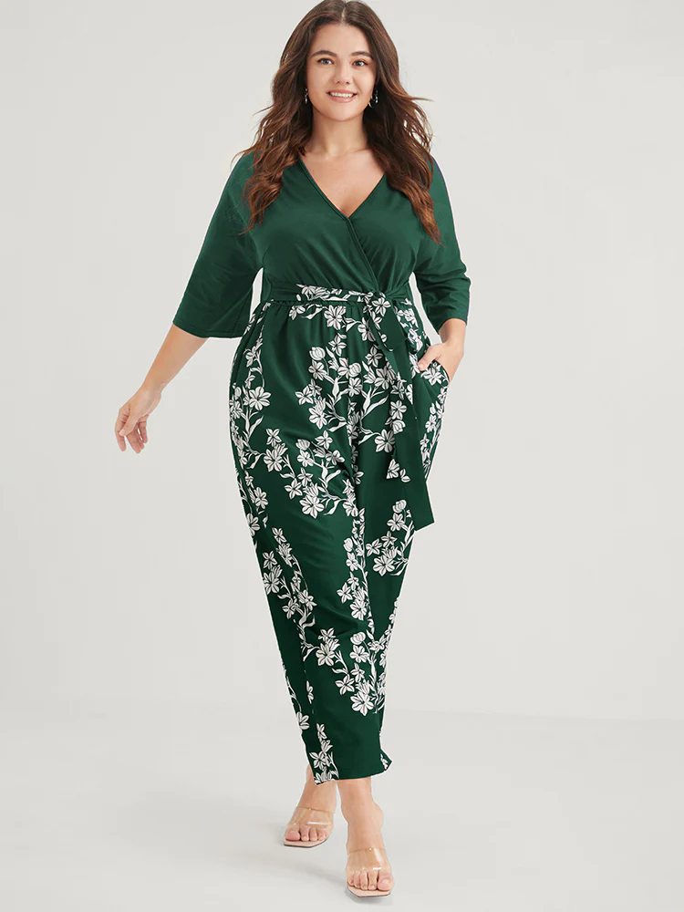 Floral Print Button  Dolman Sleeve Pocket Knotted Wrap Jumpsuit - Image 3