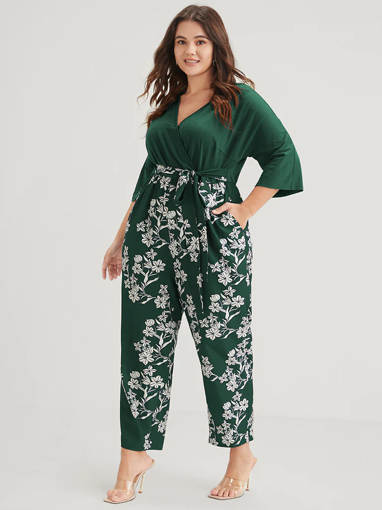 Floral Print Button  Dolman Sleeve Pocket Knotted Wrap Jumpsuit - Image 4