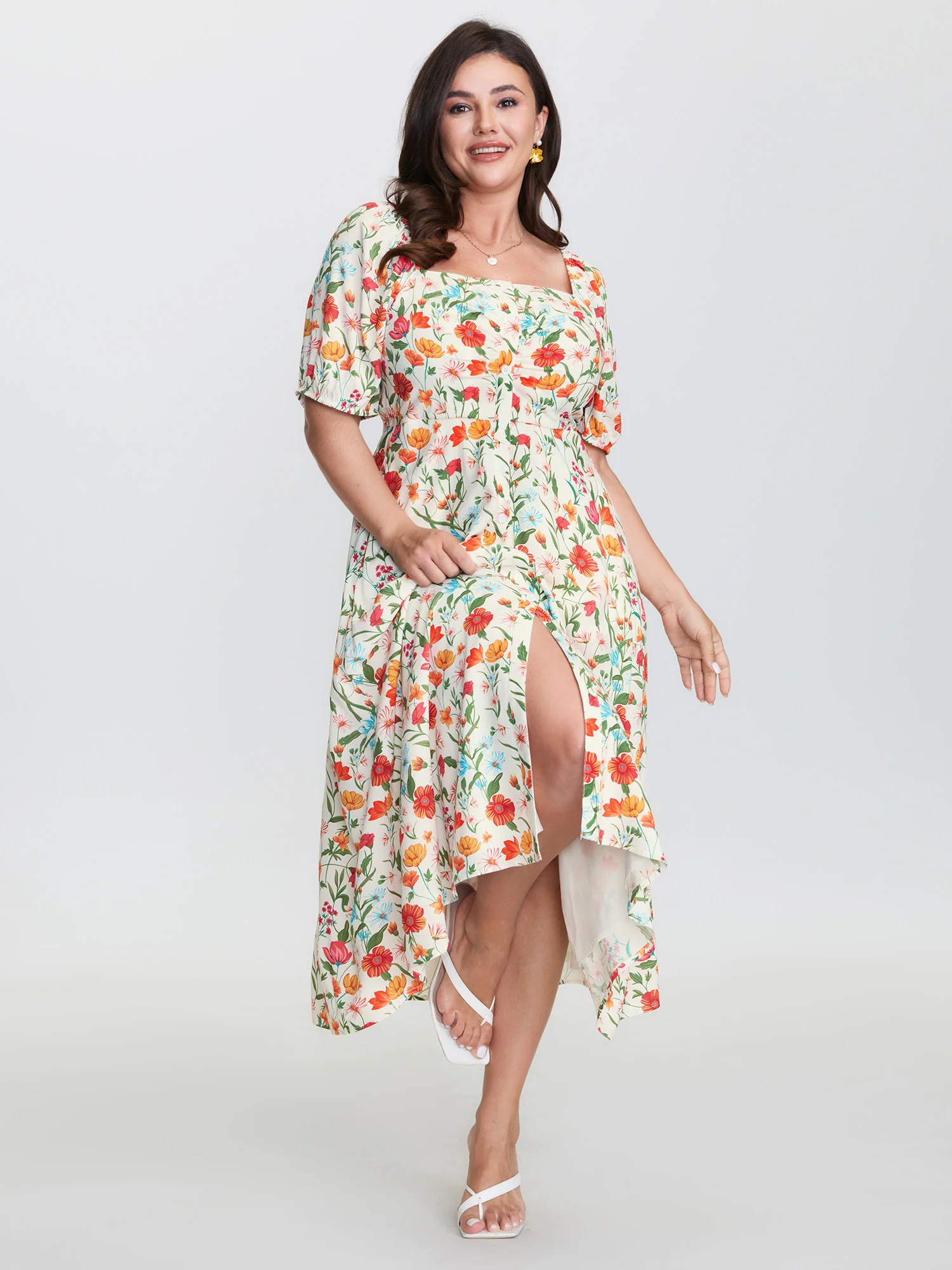 Floral Print Button Placket Maxi Dress - Image 4
