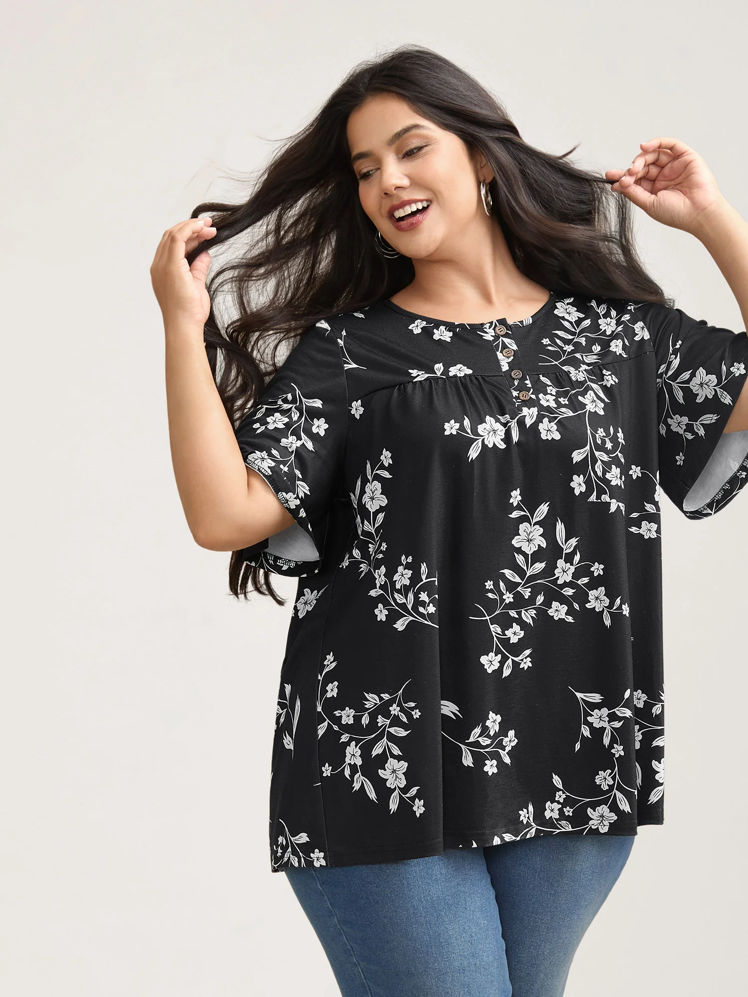 Floral Print Button Placket Pleated T-Shirt