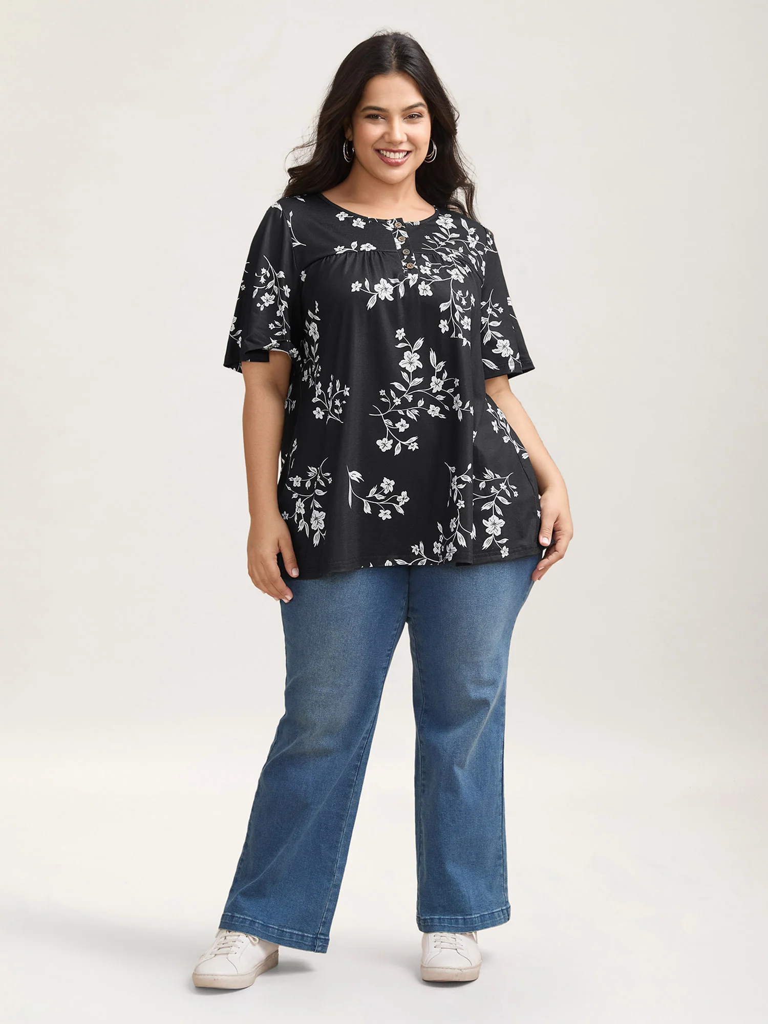 Floral Print Button Placket Pleated T-Shirt - Image 2