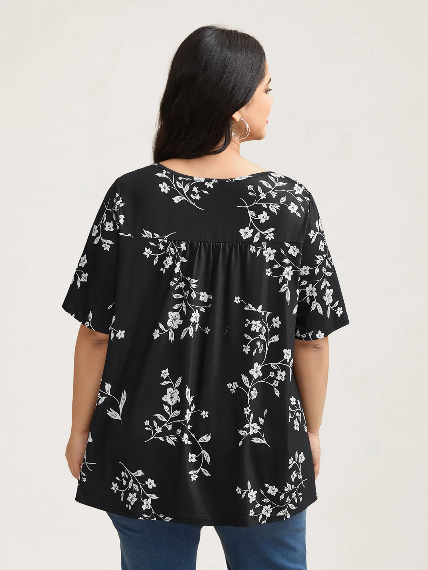 Floral Print Button Placket Pleated T-Shirt - Image 4