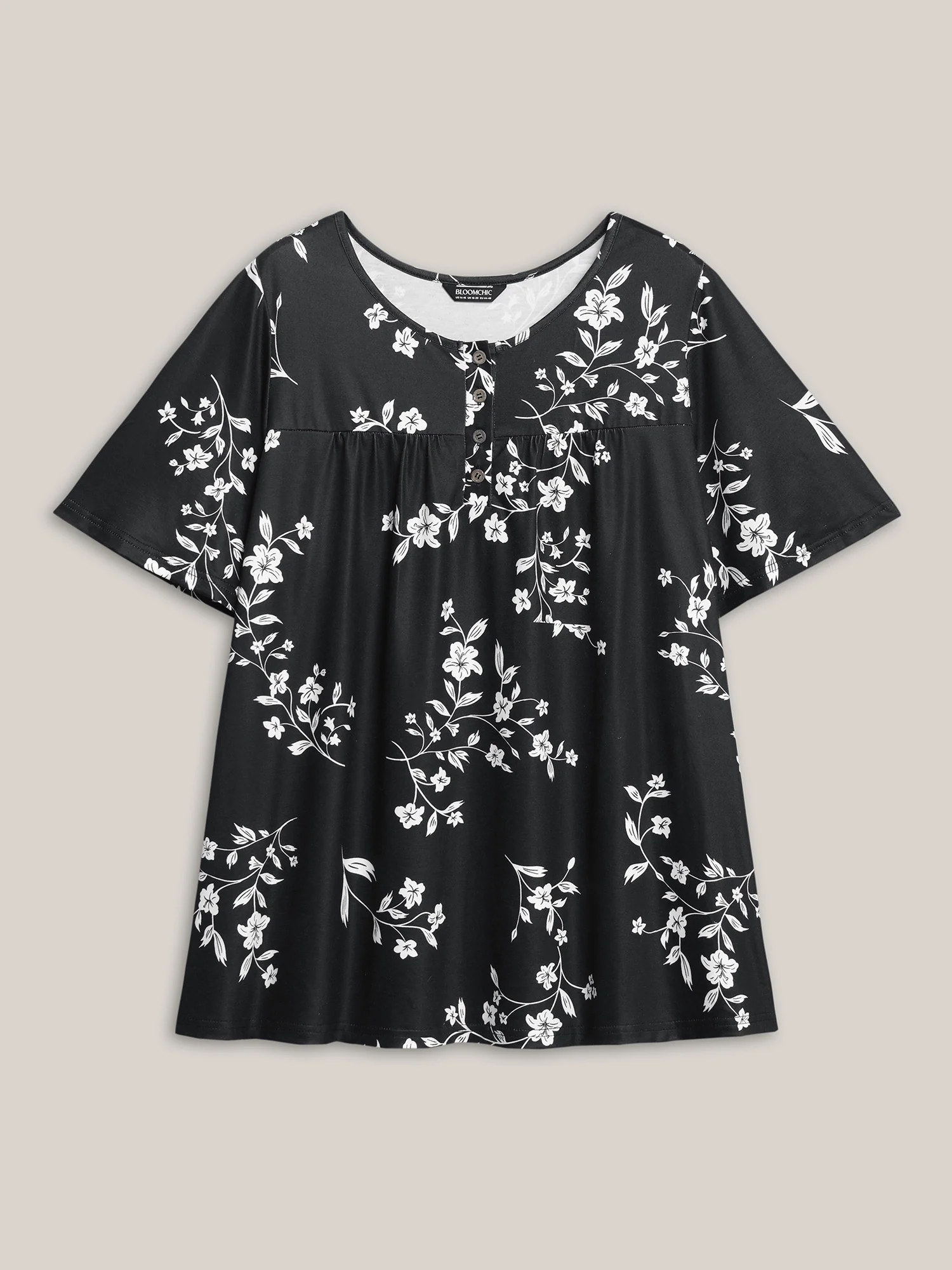 Floral Print Button Placket Pleated T-Shirt - Image 7