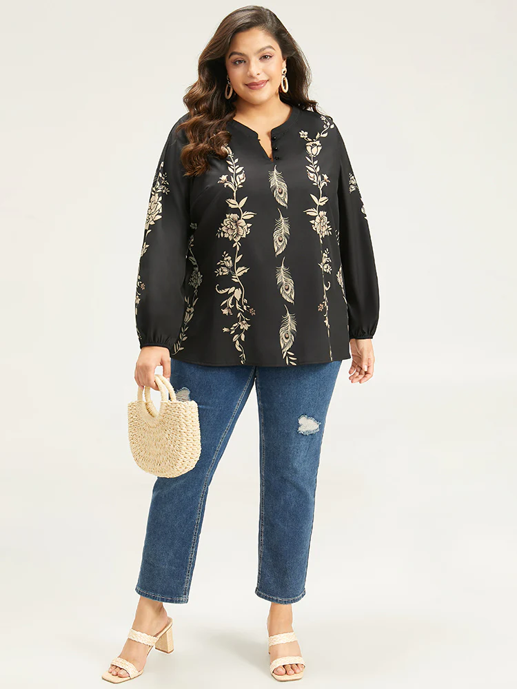 Floral Print Button Up Lantern Sleeve Blouse - Image 2