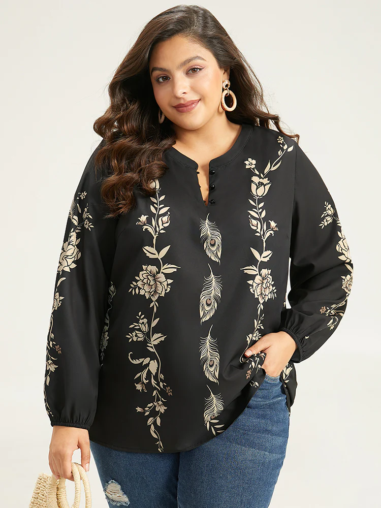 Floral Print Button Up Lantern Sleeve Blouse - Image 3