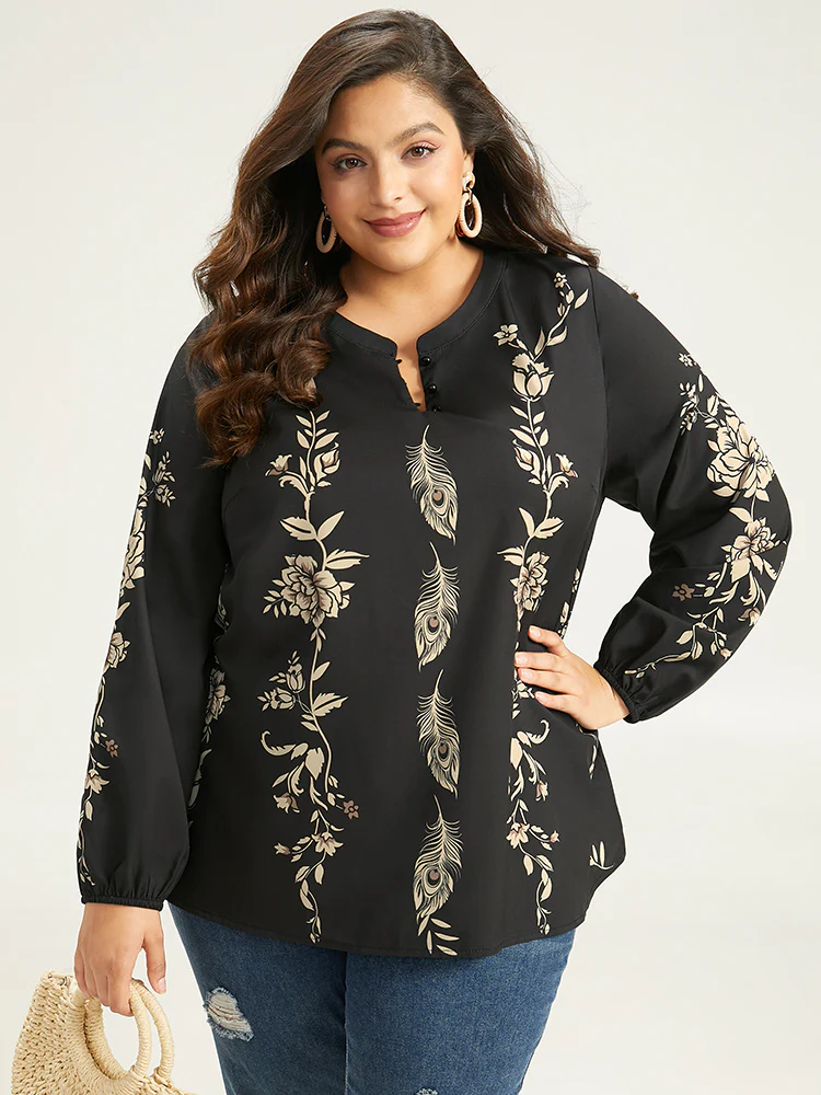 Floral Print Button Up Lantern Sleeve Blouse - Image 4