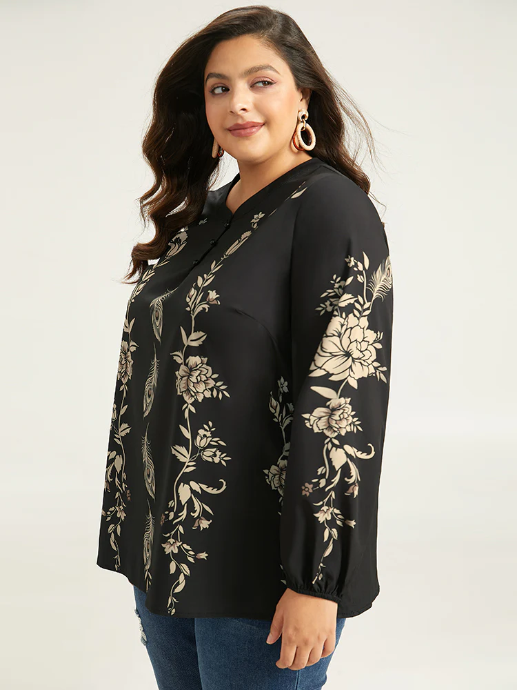 Floral Print Button Up Lantern Sleeve Blouse - Image 5