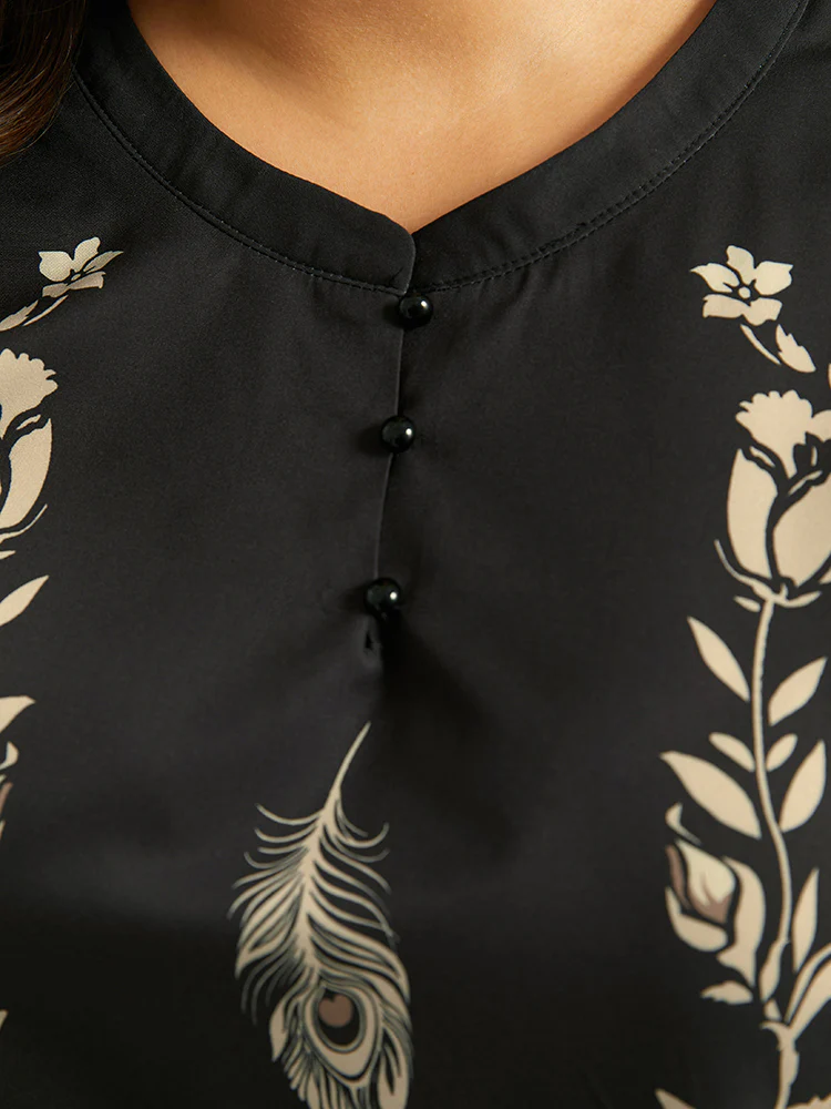 Floral Print Button Up Lantern Sleeve Blouse - Image 7