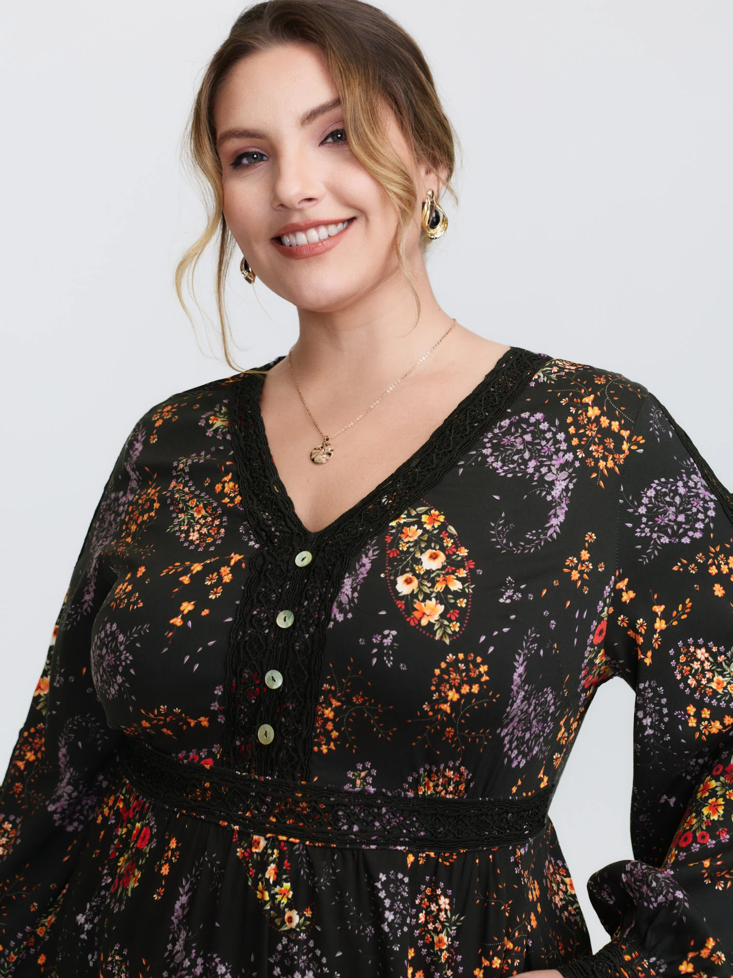 Floral Print Button V-Neck Midi Dress - Image 2