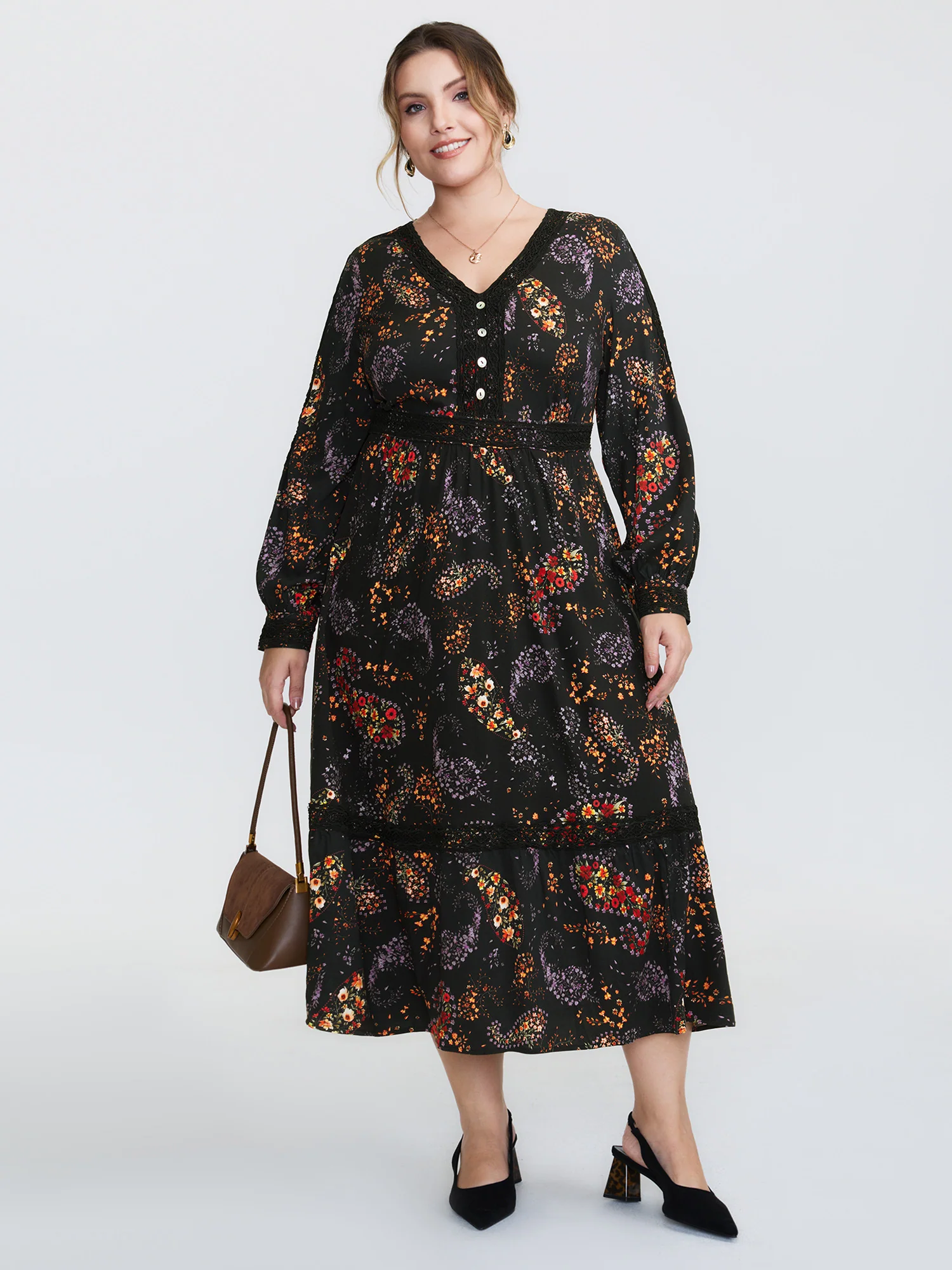 Floral Print Button V-Neck Midi Dress - Image 3