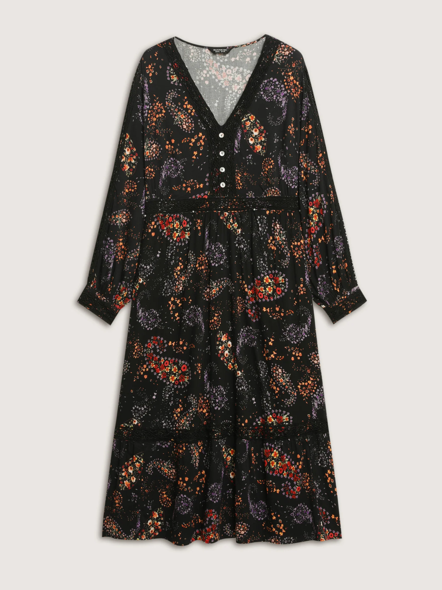 Floral Print Button V-Neck Midi Dress - Image 8