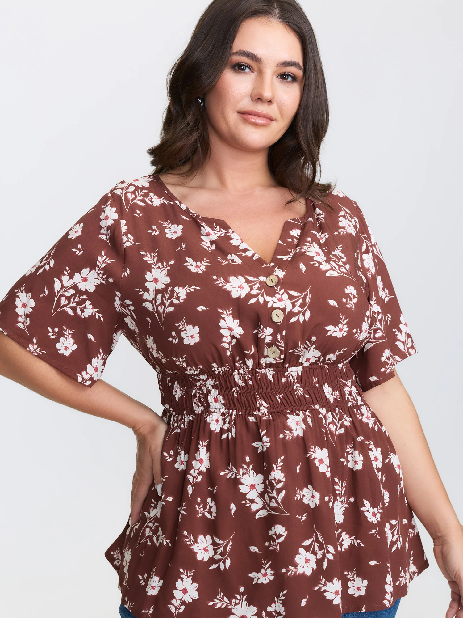Floral Print Cinched Flared Blouse - Image 3