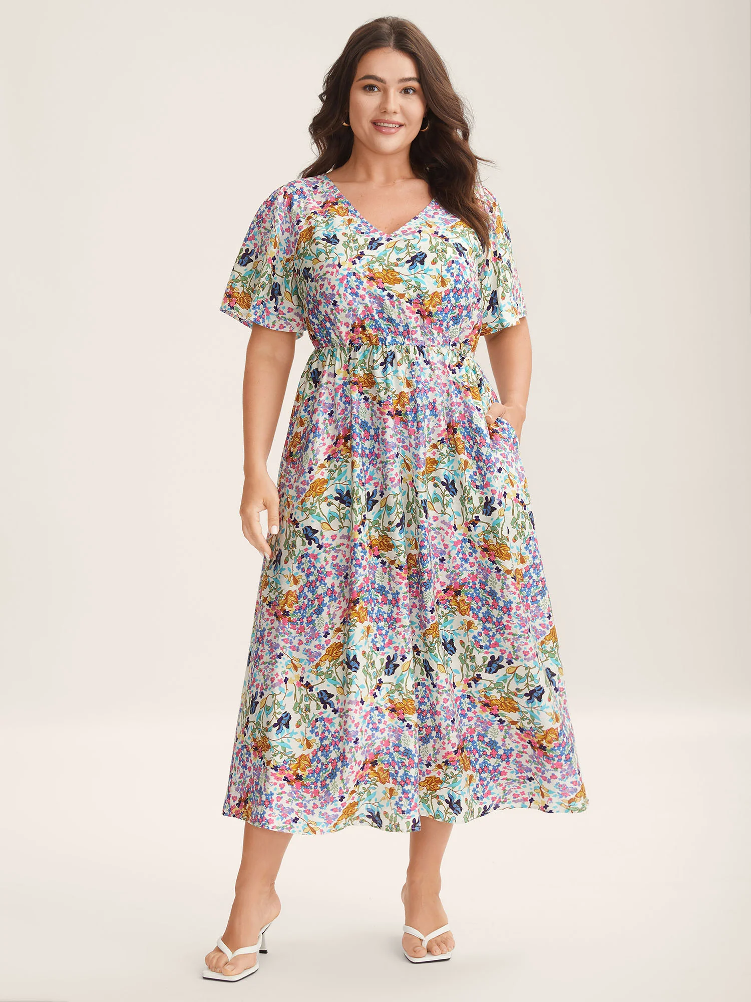 Floral Print Cinched-Waist Pockets Midi Dress - Image 2