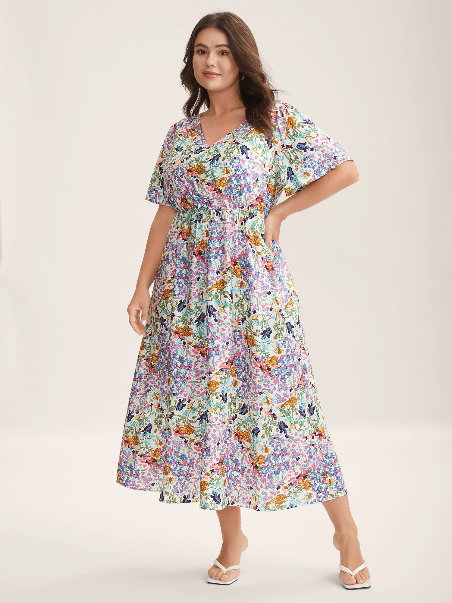 Floral Print Cinched-Waist Pockets Midi Dress - Image 3