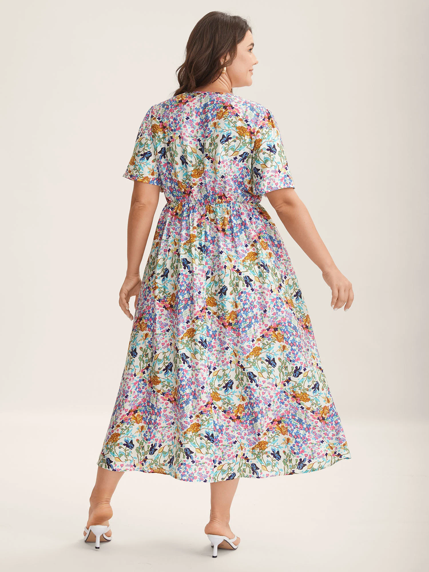 Floral Print Cinched-Waist Pockets Midi Dress - Image 4