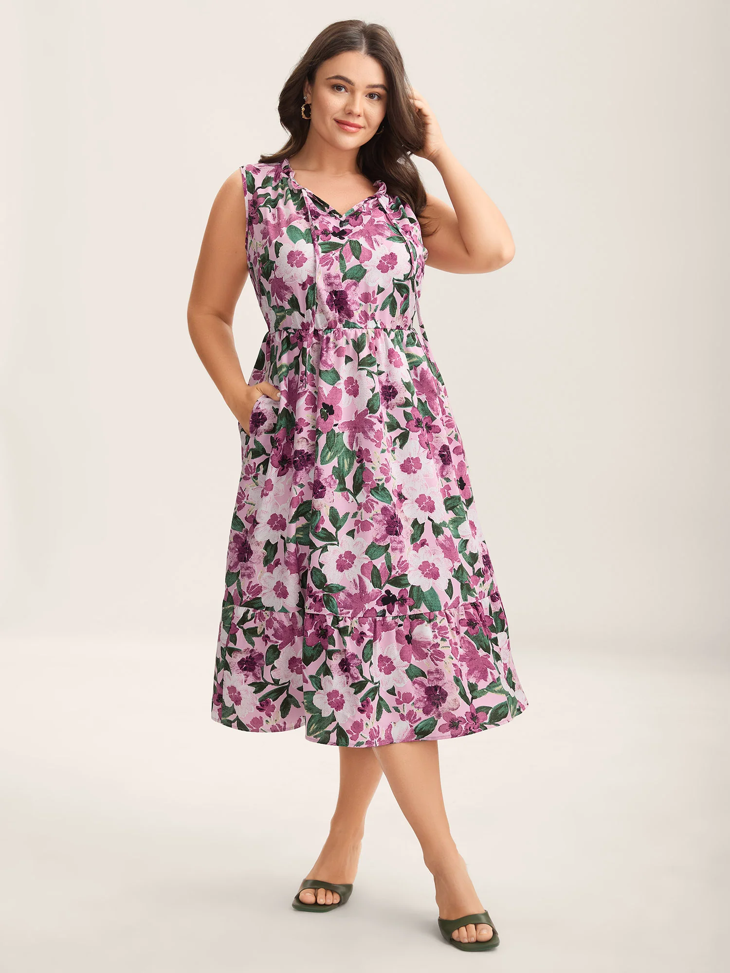Floral Print Cinched-Waist Pockets Midi Dress - Image 2