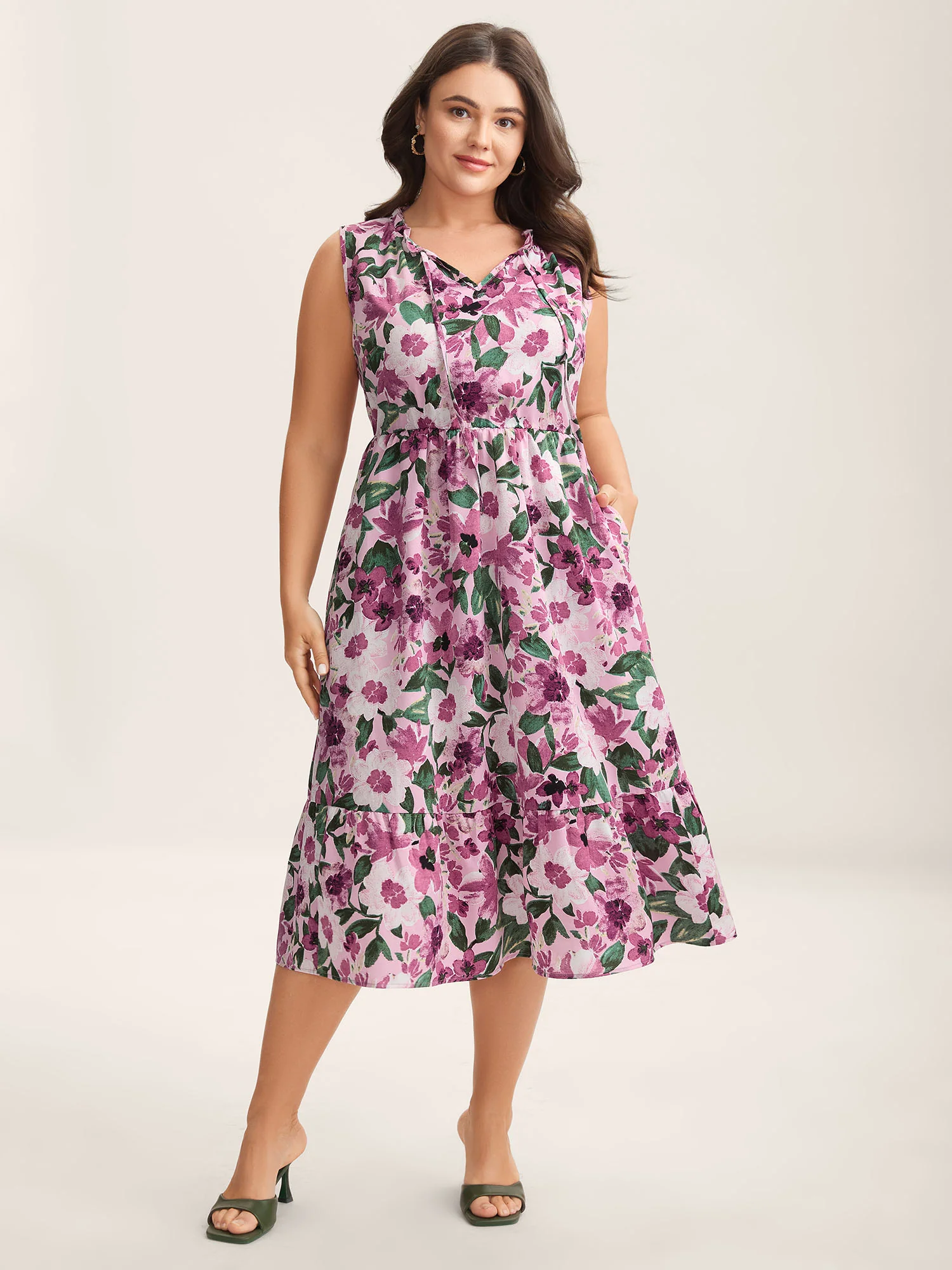 Floral Print Cinched-Waist Pockets Midi Dress - Image 3