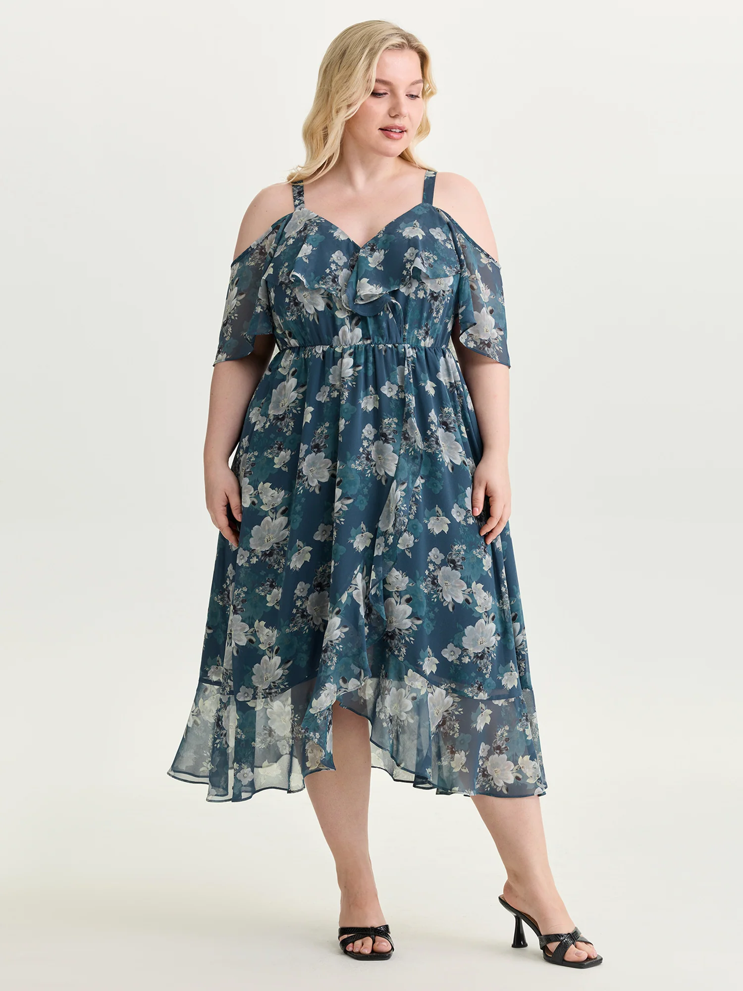 Floral Print Cold-Shoulder Midi Dress