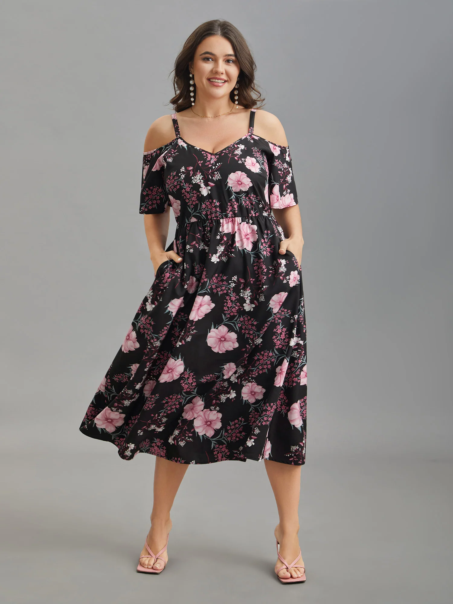 Floral Print Cold-Shoulder Pockets Midi Dress - Image 4