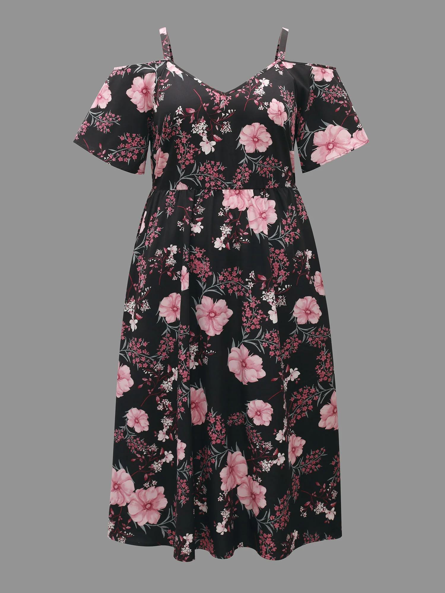 Floral Print Cold-Shoulder Pockets Midi Dress - Image 7