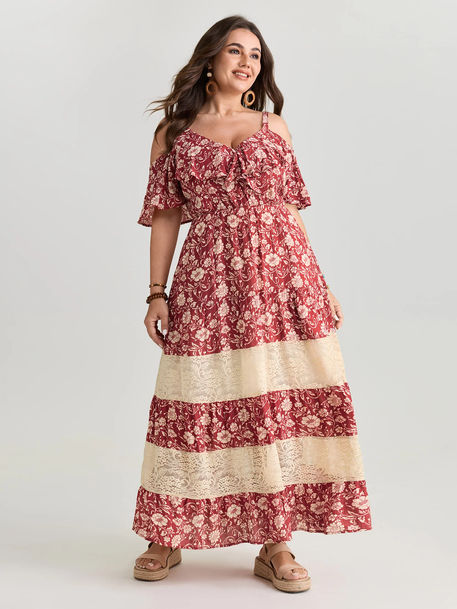 Floral Print Cold-Shoulder Ruffled Maxi Dress - Image 3