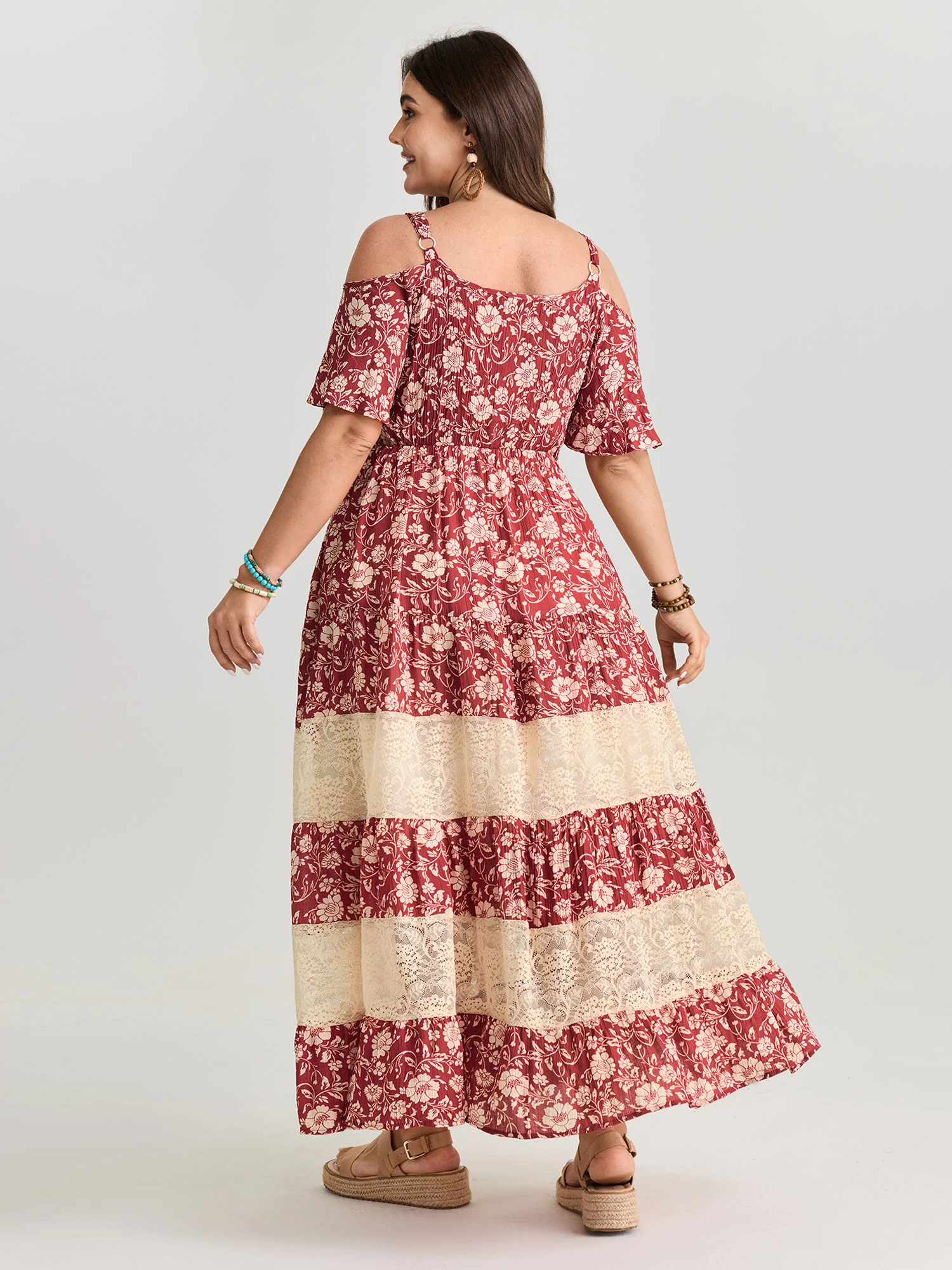 Floral Print Cold-Shoulder Ruffled Maxi Dress - Image 4
