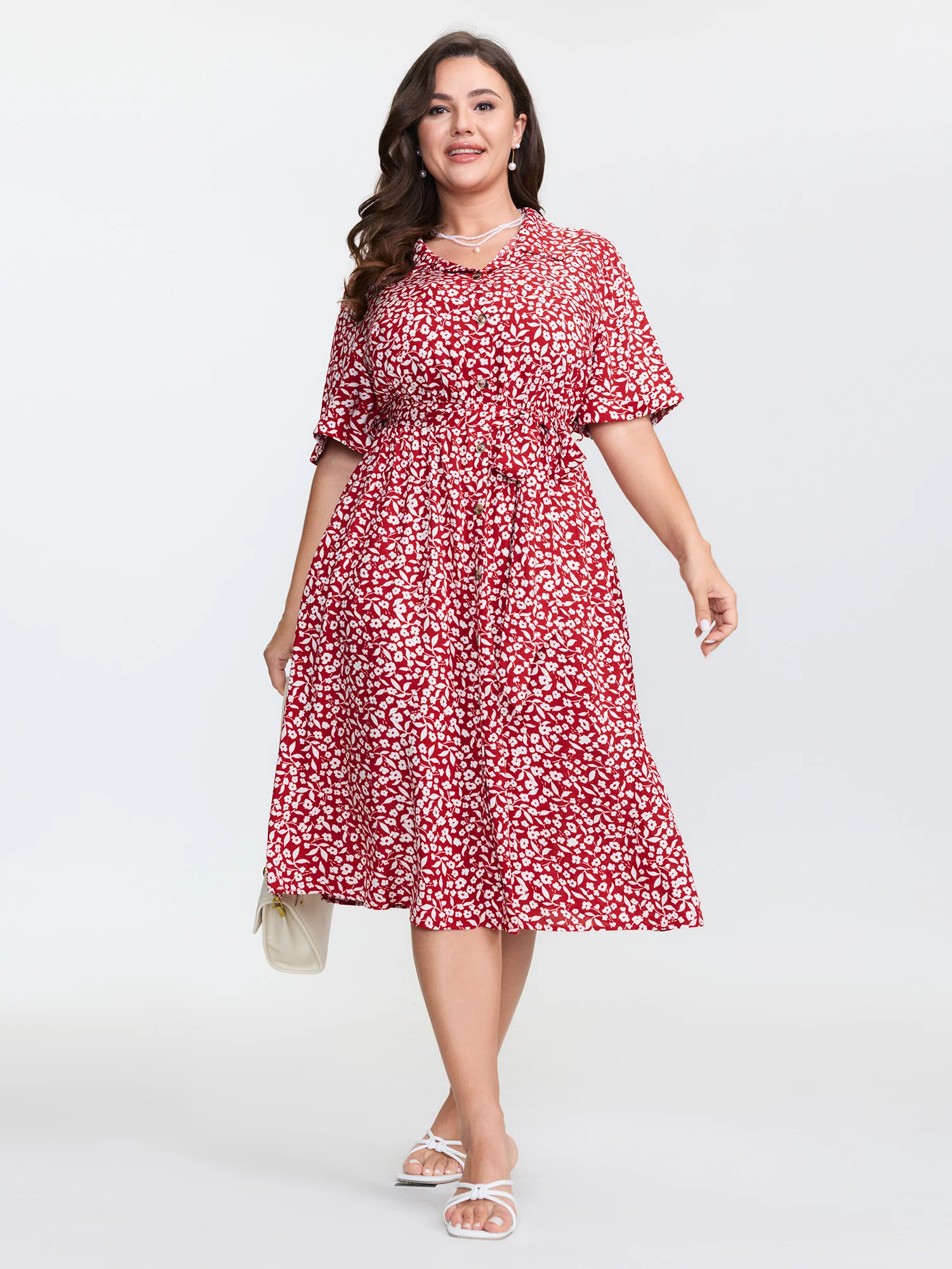 Floral Print Collar Midi Shirt Dress - Image 3