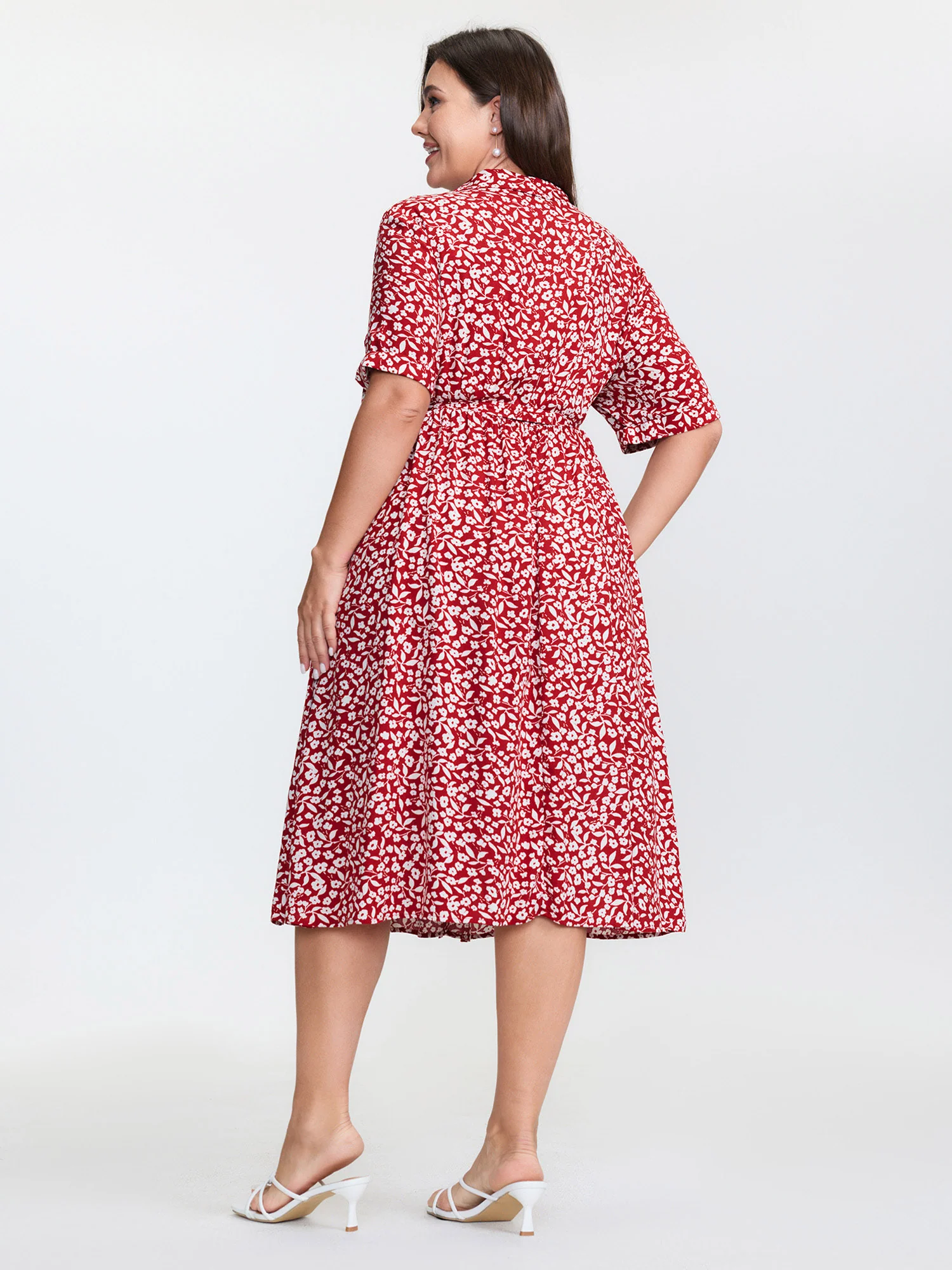Floral Print Collar Midi Shirt Dress - Image 4
