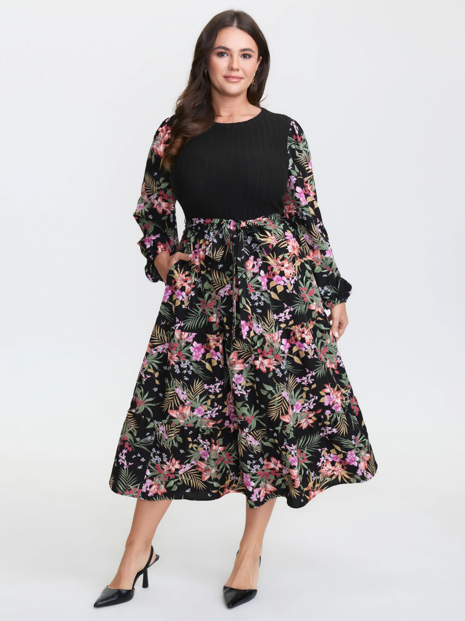 Floral Print Color Contrast Midi Dress - Image 2