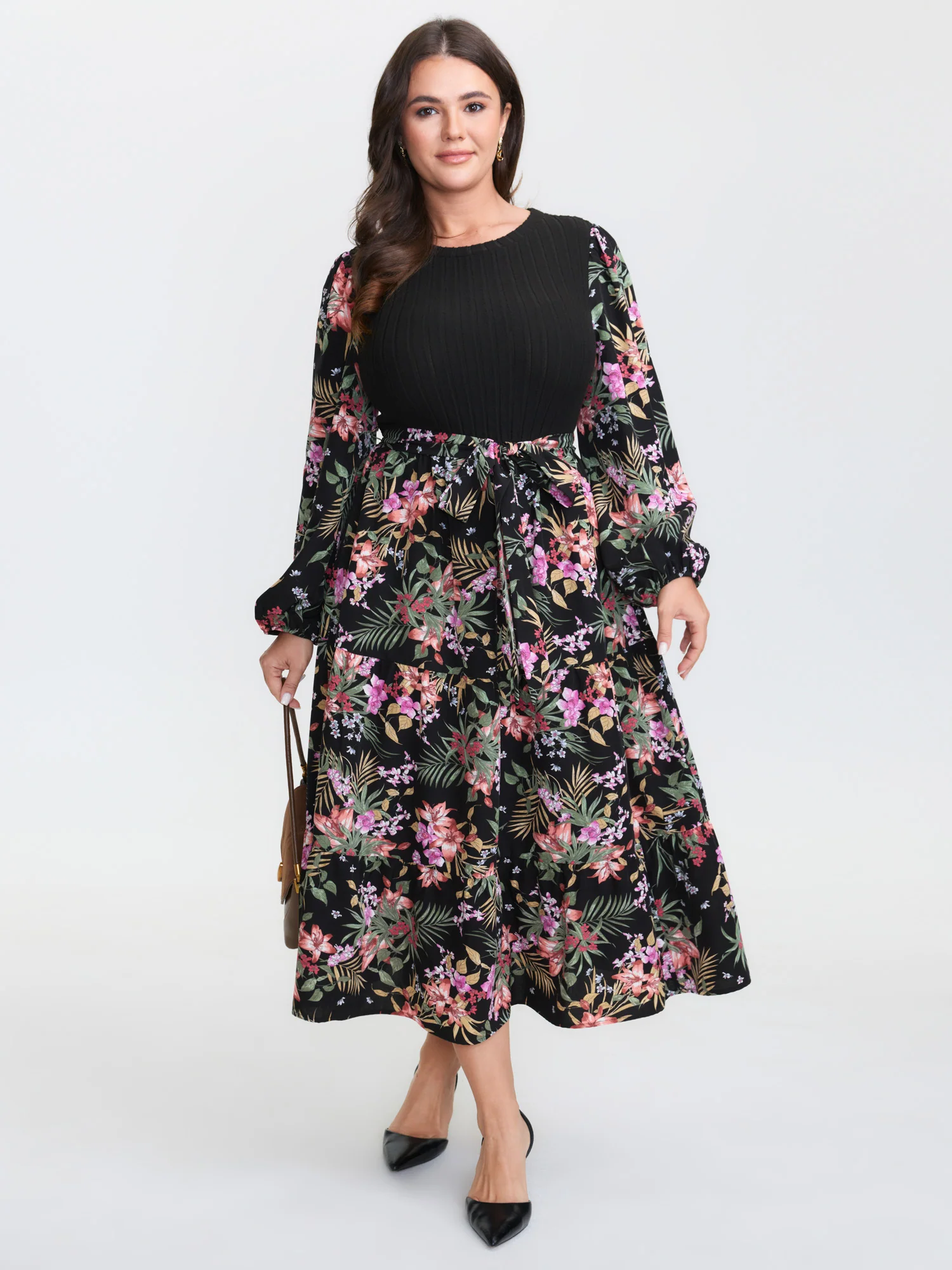 Floral Print Color Contrast Midi Dress - Image 3