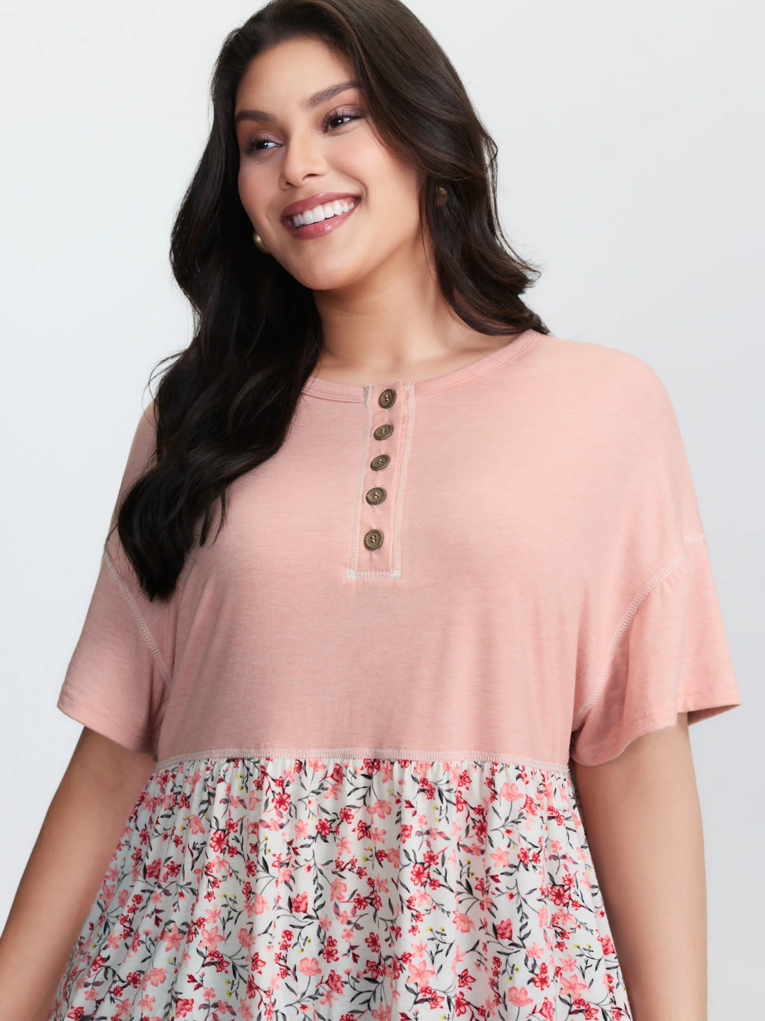Floral Print Color Contrast Placket T-Shirt - Image 2