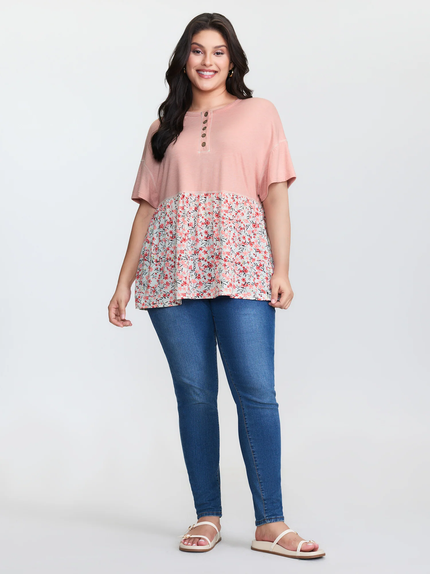 Floral Print Color Contrast Placket T-Shirt - Image 3