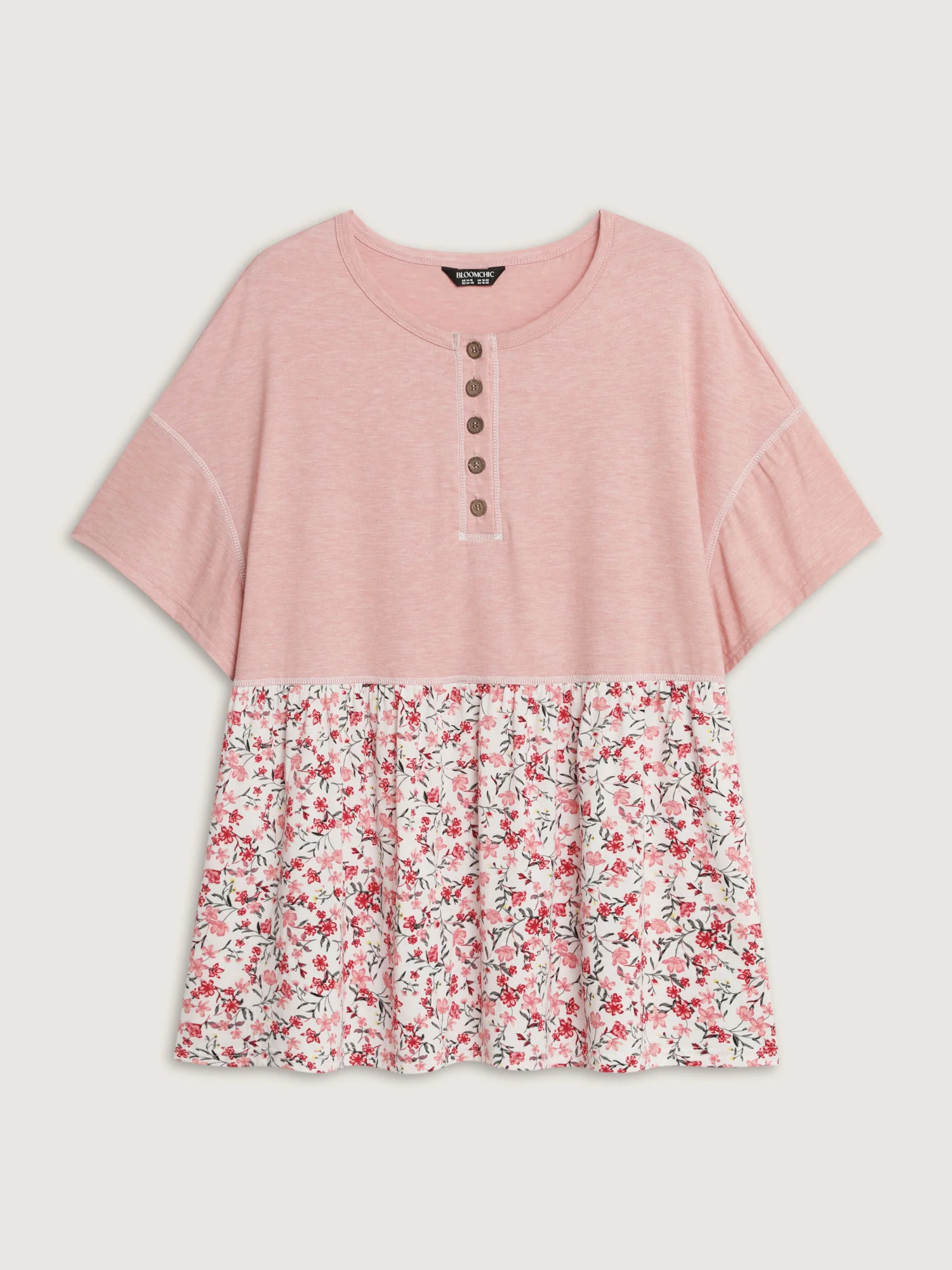 Floral Print Color Contrast Placket T-Shirt - Image 7