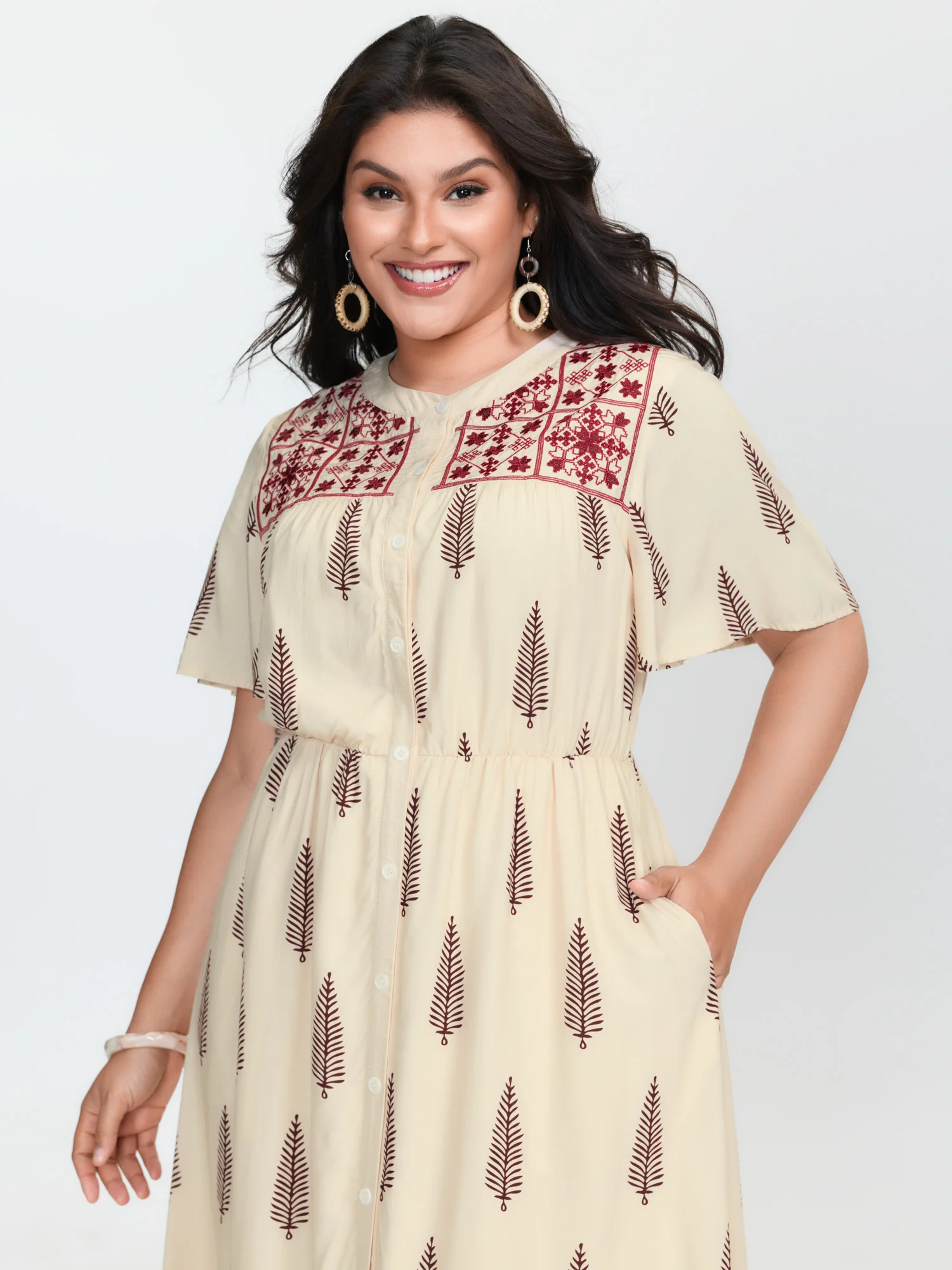 Floral Print Color Contrast Pockets Midi Dress - Image 2