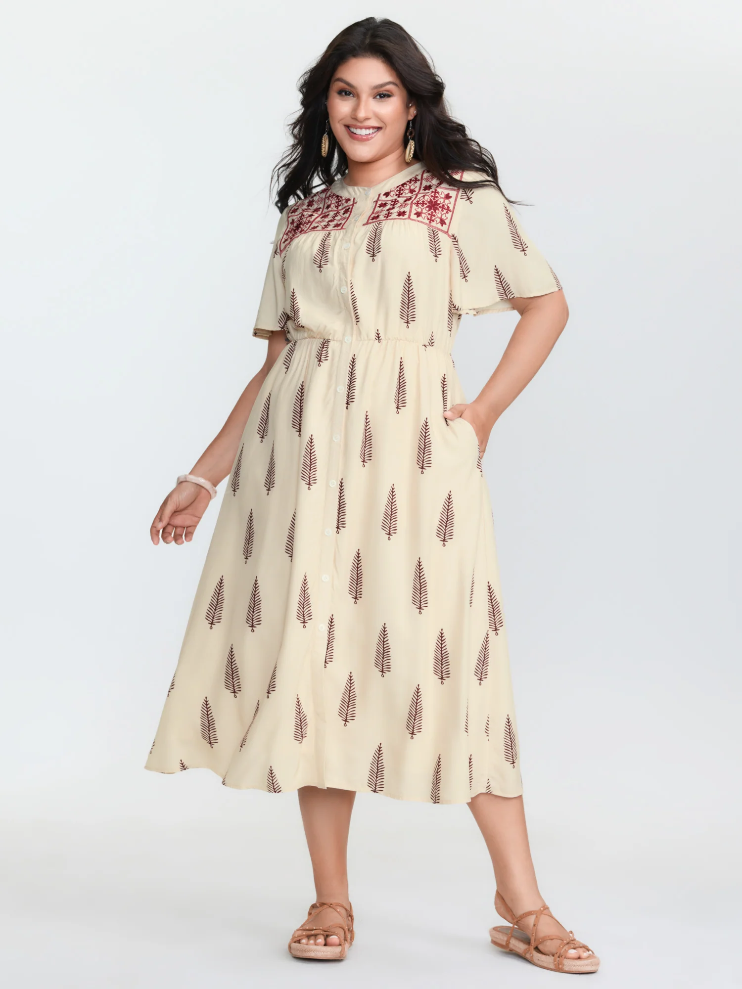 Floral Print Color Contrast Pockets Midi Dress - Image 3