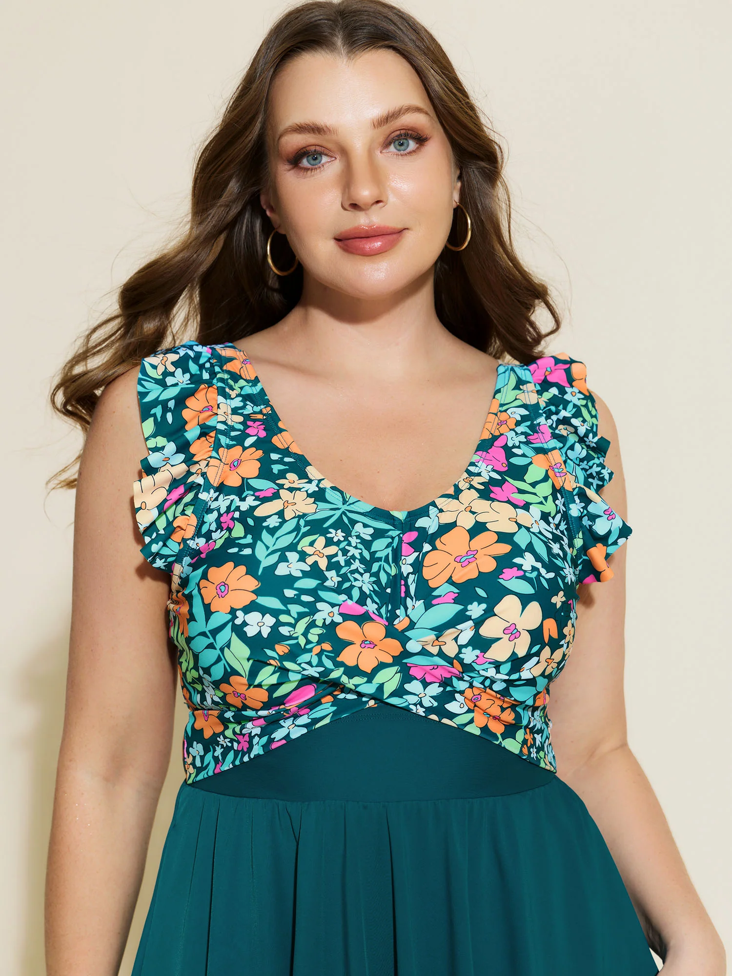 Floral Print Color Contrast Pockets Swim Dress - Image 2